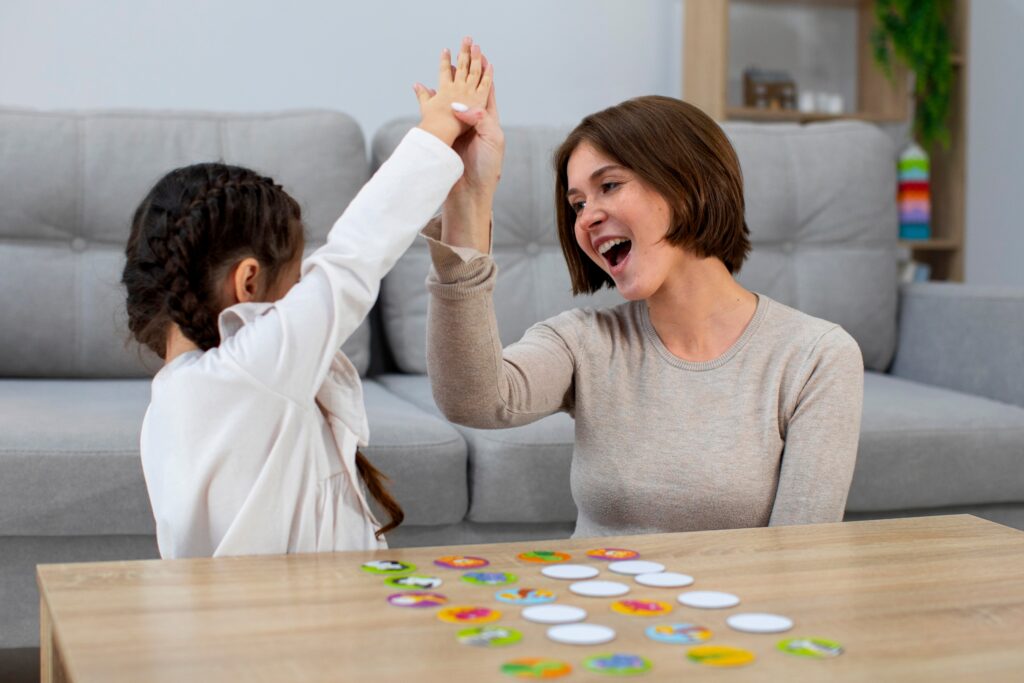 front view mother girl playing game 1